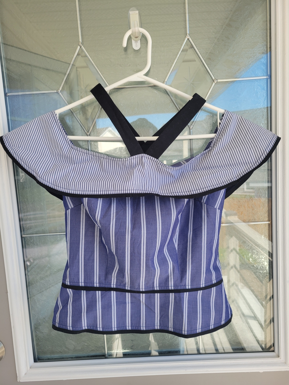 Proenza Schouler Blue and Black Striped Off-Shoulder Crop Top